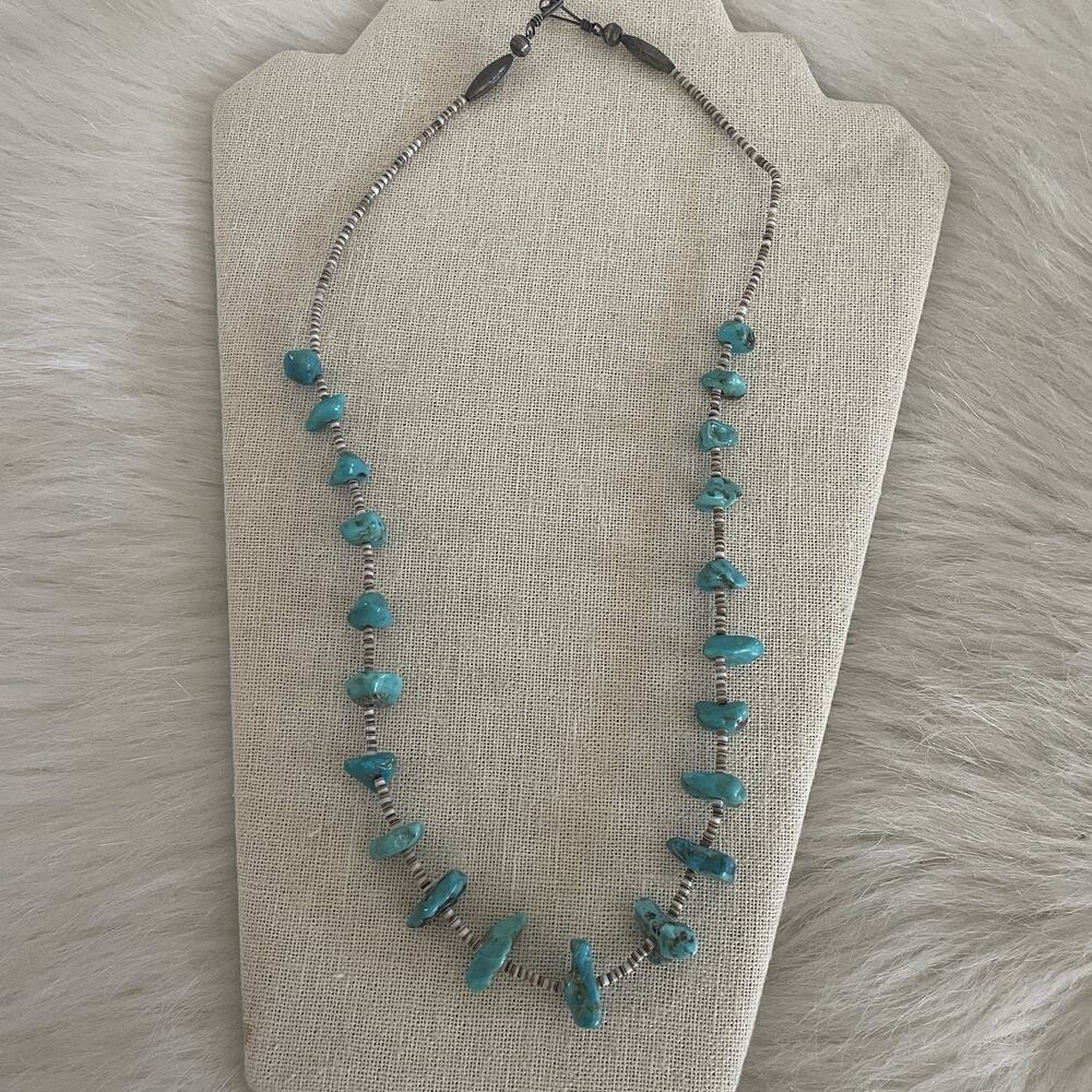 Vintage Native American Heishi Shell & Turquoise Nugget Necklace Sterling Clasp